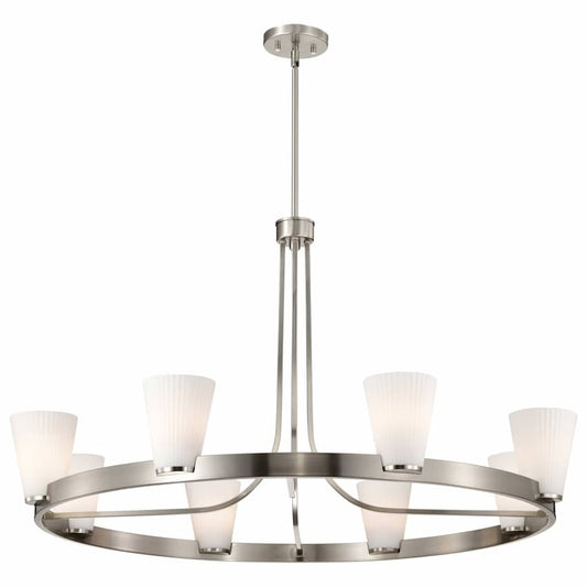 SATCO Nuvo Royale 60-8739 8-light chandelier with Brushed Nickel finish and elegant ribbed white glass shades