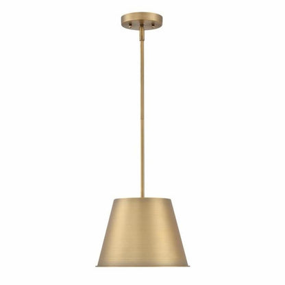 Westinghouse Derose 6111500 indoor pendant featuring a sleek brushed brass metal shade and contemporary geometric design