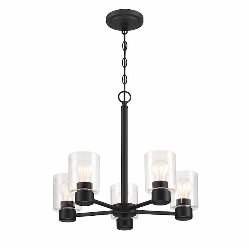 Westinghouse 6115300 Sylvestre chandelier featuring five clear glass shades, minimalist lines and sleek Matte Black metalwork
