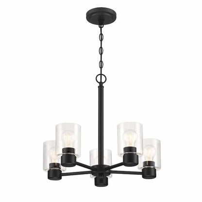 Westinghouse 6115300 Sylvestre chandelier featuring five clear glass shades, minimalist lines and sleek Matte Black metalwork
