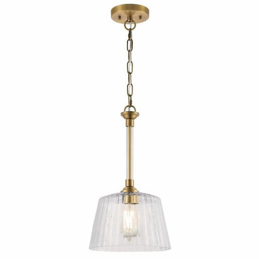 Westinghouse Lighting Aggie 6130200 one-light pendant with brushed brass finish and hand-blown clear ribbed glass shade