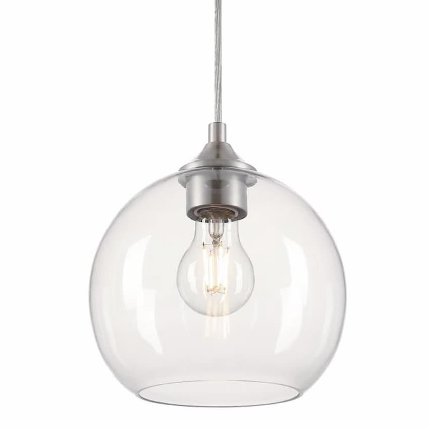 Westinghouse Tatze 6130500 indoor mini pendant featuring a sleek brushed nickel finish and sculpted clear glass globe design