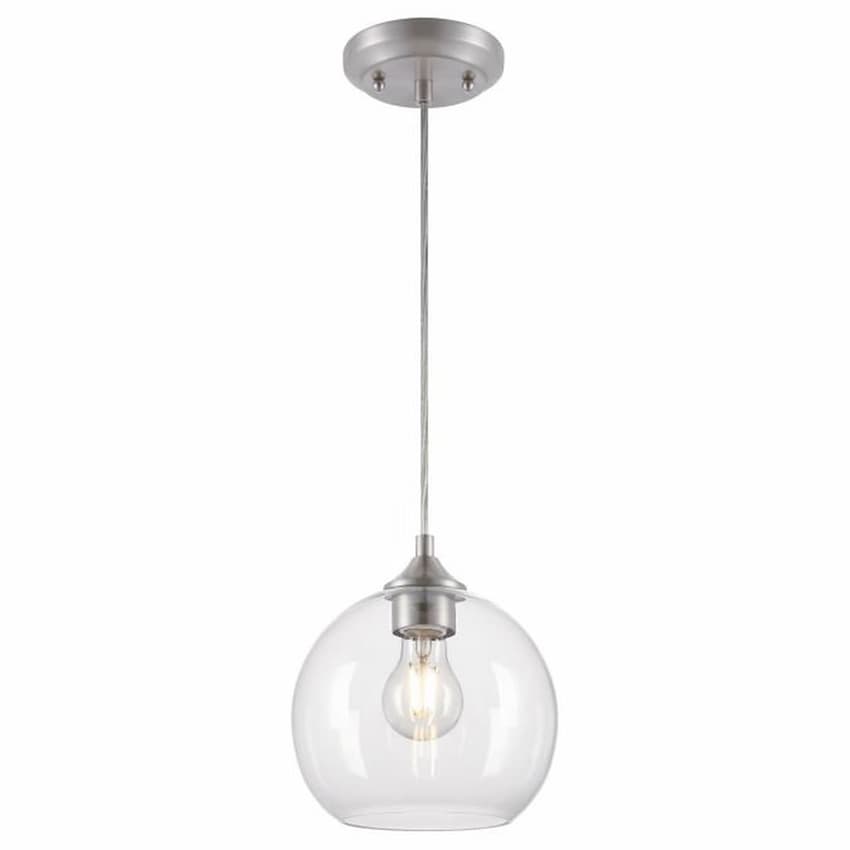 Westinghouse Lighting Tatze 6130500 one-light mini pendant with brushed nickel finish and hand-blown clear glass globe shade