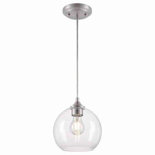 Westinghouse Lighting Tatze 6130500 one-light mini pendant with brushed nickel finish and hand-blown clear glass globe shade