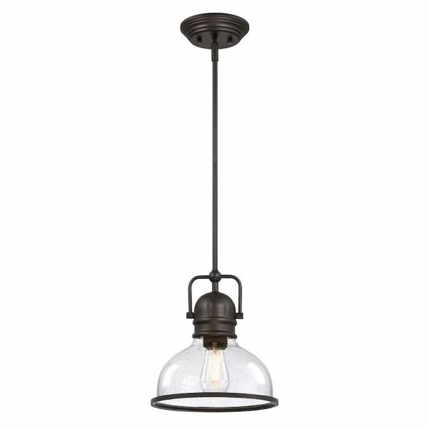 Westinghouse Lighting Boswell 6132100 one-light pendant with black-bronze finish and hand-blown clear seeded glass shade