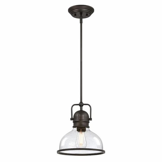 Westinghouse Lighting Boswell 6132100 one-light pendant with black-bronze finish and hand-blown clear seeded glass shade