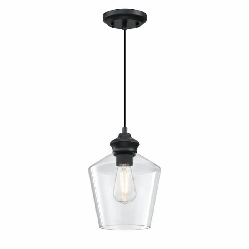 Westinghouse Lighting Ramsey 6132600 one-light mini pendant with matte black finish and hand-blown clear glass shade