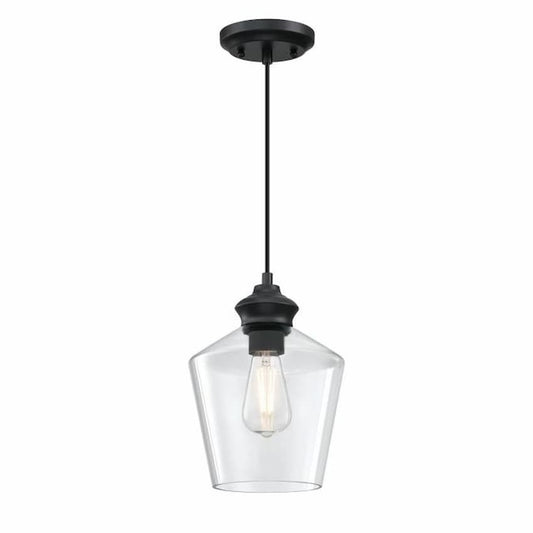 Westinghouse Lighting Ramsey 6132600 one-light mini pendant with matte black finish and hand-blown clear glass shade