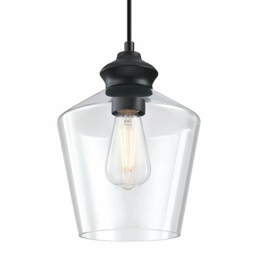 Westinghouse Ramsey 6132600 indoor mini pendant featuring a tapered clear glass shade and contemporary matte black hardware