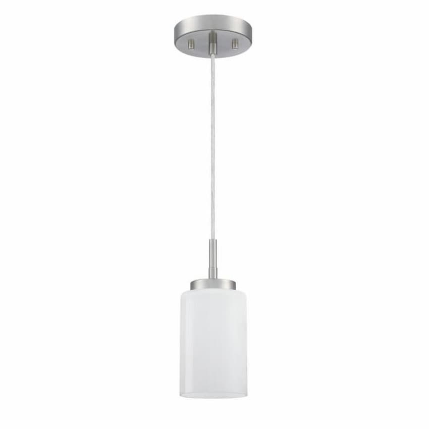 Westinghouse Shamus 6135300 indoor mini pendant featuring a brushed nickel finish and sleek cylindrical white opal glass shade