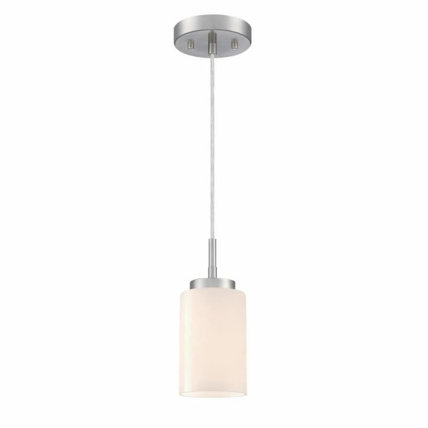 Westinghouse Lighting Shamus 6135300 one-light mini pendant with brushed nickel finish and hand-blown white opal glass shade