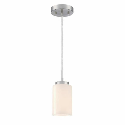 Westinghouse Lighting Shamus 6135300 one-light mini pendant with brushed nickel finish and hand-blown white opal glass shade