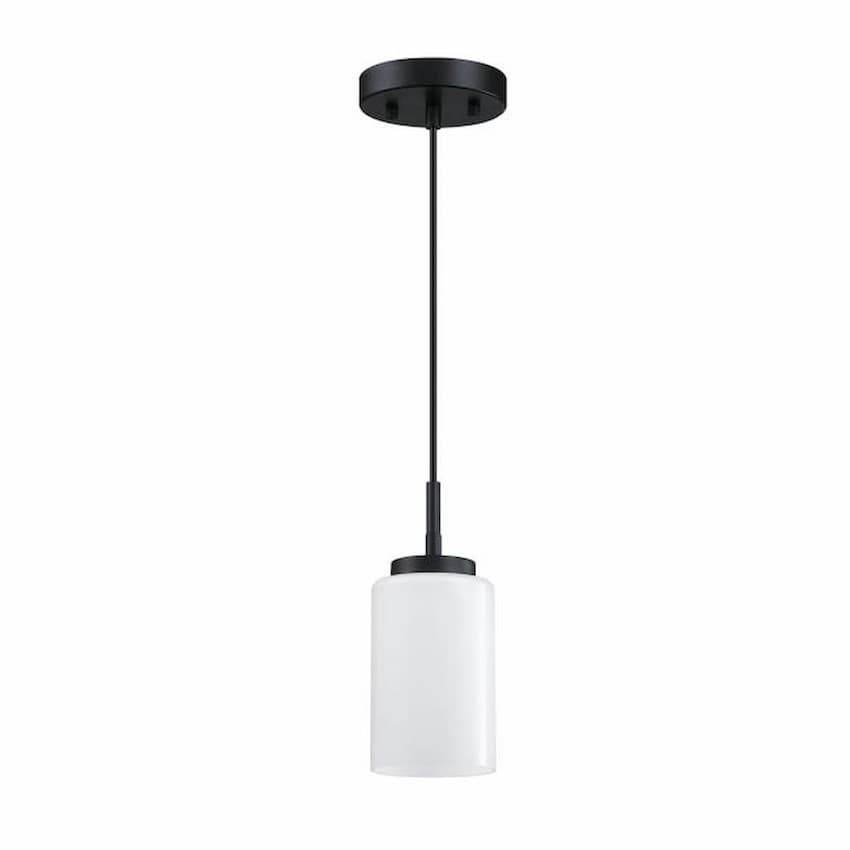 Westinghouse Shamus 6135400 indoor mini pendant featuring a sleek black finish and cylindrical white opal glass shade