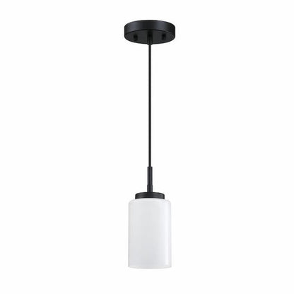 Westinghouse Shamus 6135400 indoor mini pendant featuring a sleek black finish and cylindrical white opal glass shade