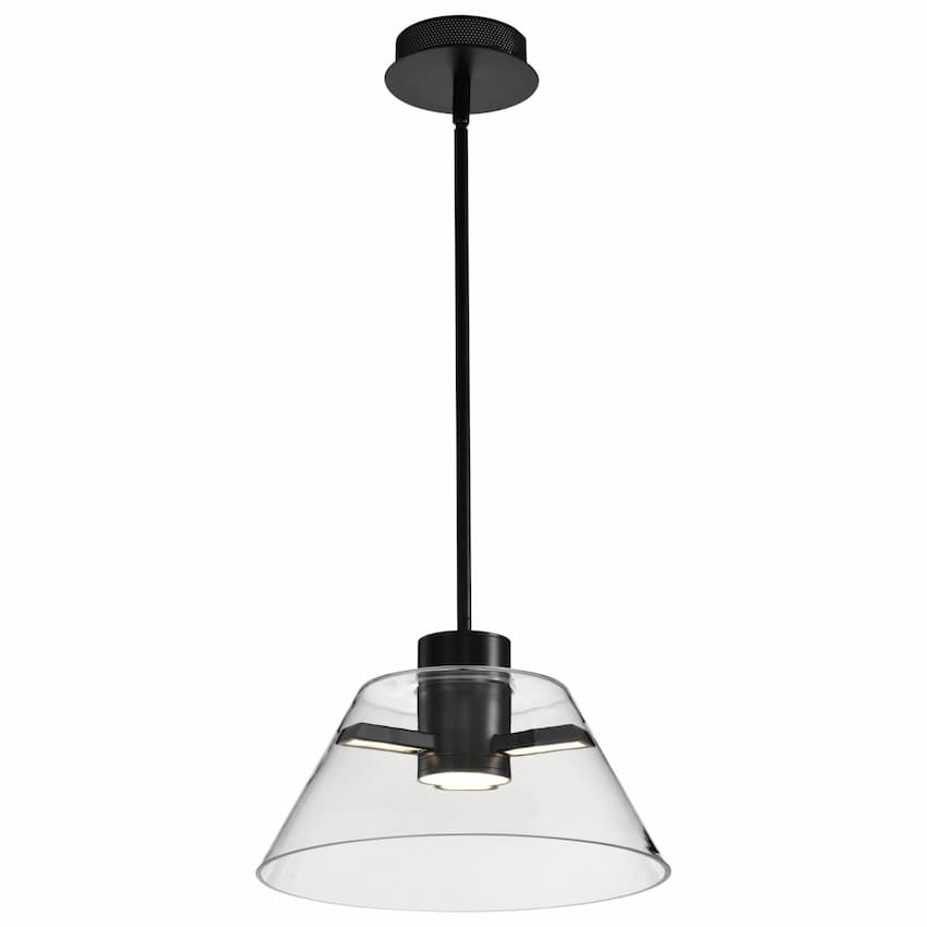 Nuvo 62-2061 Edmond pendant light featuring a matte black steel frame, clear glass shade and contemporary transitional design