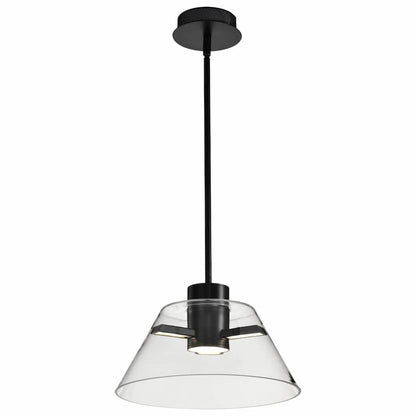 Nuvo 62-2061 Edmond pendant light featuring a matte black steel frame, clear glass shade and contemporary transitional design
