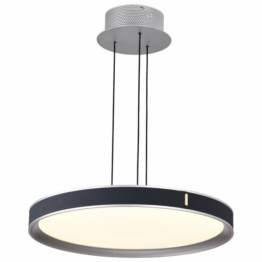 Nuvo Bandon 62-3001 20-inch LED pendant with gray finish and blue textured faux leather wrap