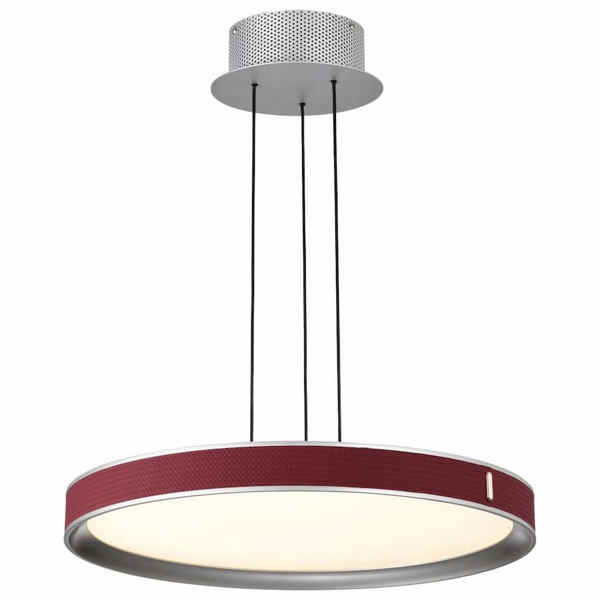 Satco Nuvo Bandon 62-3011 20-inch LED pendant with gray finish and red textured faux leather wrap