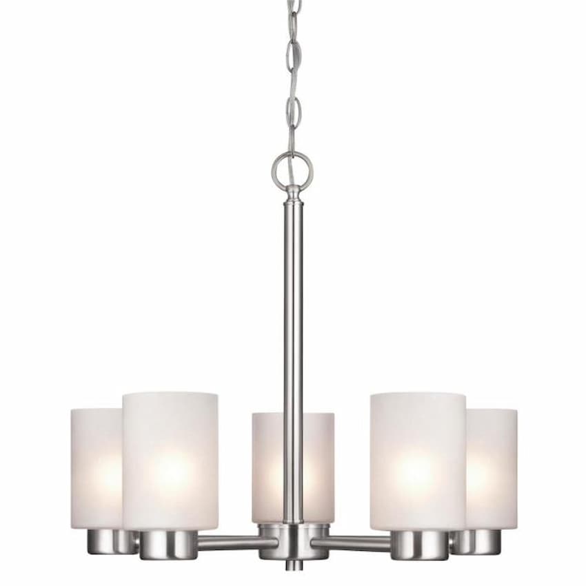 Westinghouse 6227400 Sylvestre chandelier featuring five cylindrical frosted seeded glass shades and sleek Brushed Nickel metalwork