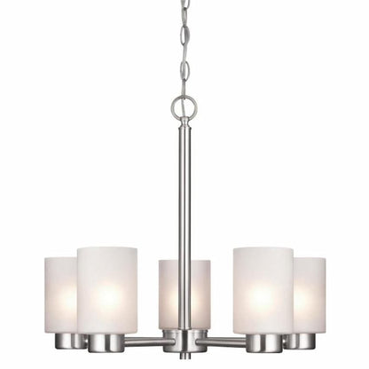 Westinghouse 6227400 Sylvestre chandelier featuring five cylindrical frosted seeded glass shades and sleek Brushed Nickel metalwork