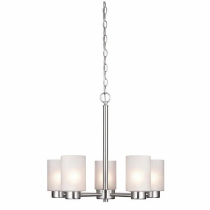 Westinghouse Sylvestre 6227400 5-light chandelier with Brushed Nickel finish and elegant frosted seeded glass shades
