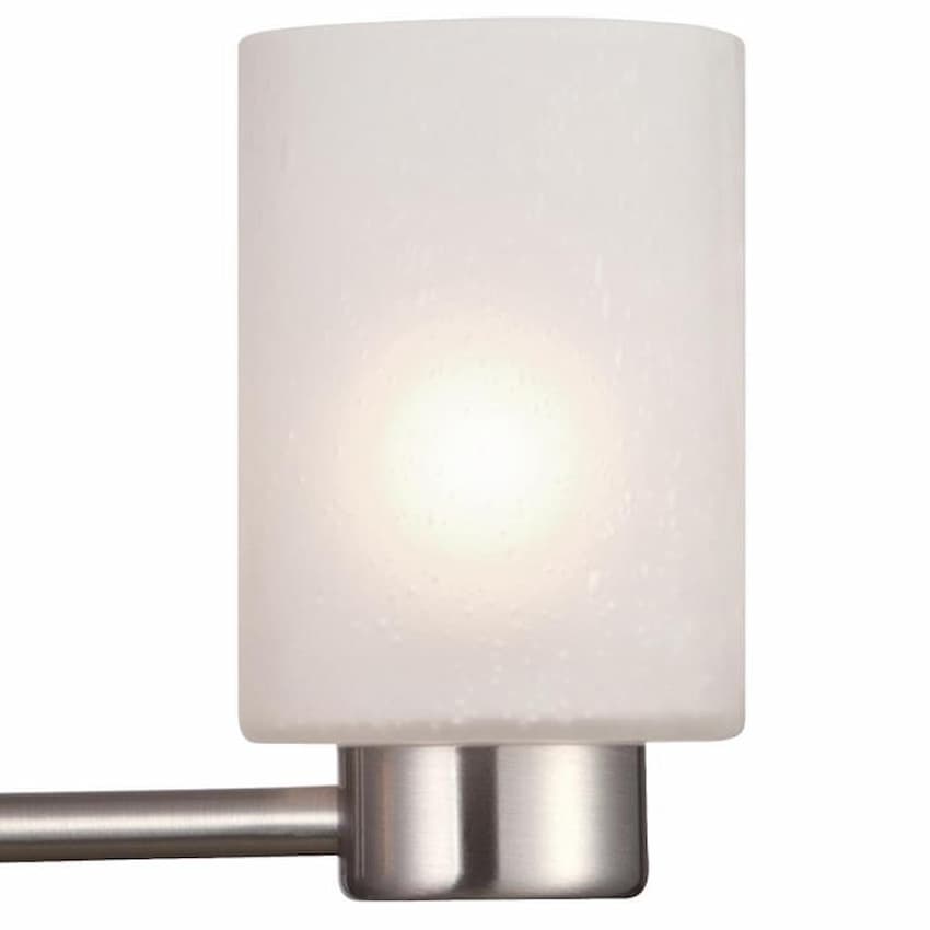Westinghouse 6227500 Sylvestre chandelier featuring three cylindrical frosted seeded glass shades and sleek Brushed Nickel metalwork