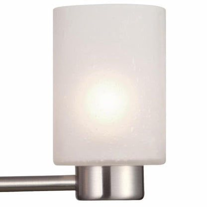 Westinghouse 6227500 Sylvestre chandelier featuring three cylindrical frosted seeded glass shades and sleek Brushed Nickel metalwork