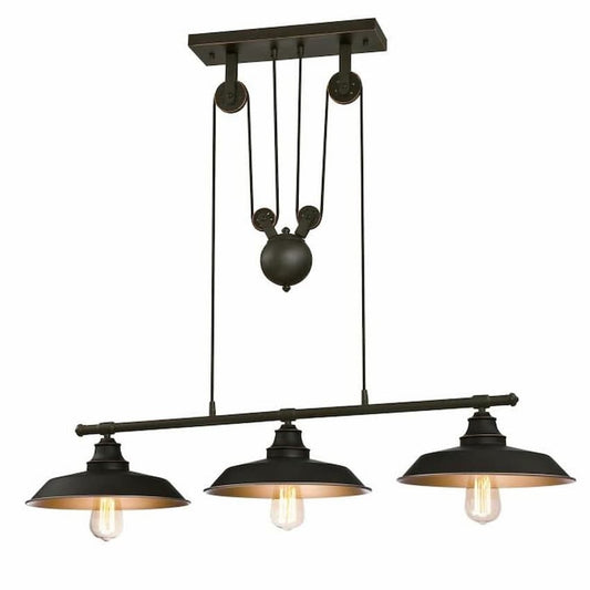 Westinghouse Lighting Iron Hill 6332500 3-light pendant with oil rubbed bronze finish and vintage industrial pulley design