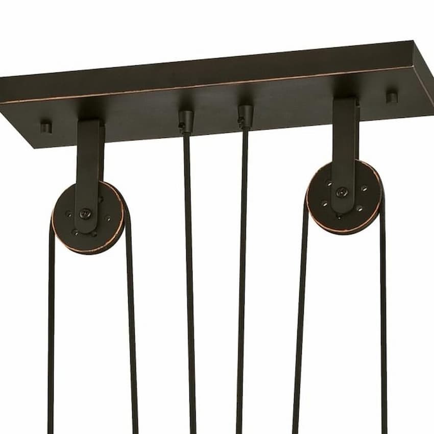 Westinghouse Iron Hill 6332500 island pendant light featuring three metal shades in an oil rubbed bronze finish with highlights