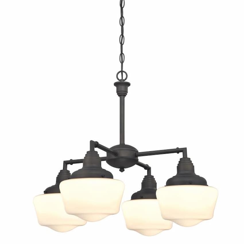 Westinghouse Scholar 6342000 4-light chandelier with Oil Rubbed Bronze finish and traditional White Opal schoolhouse glass shades