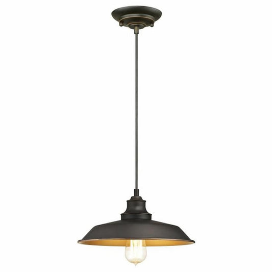Westinghouse Lighting Iron Hill 6344700 one-light pendant with oil rubbed bronze finish and wide industrial metal shade