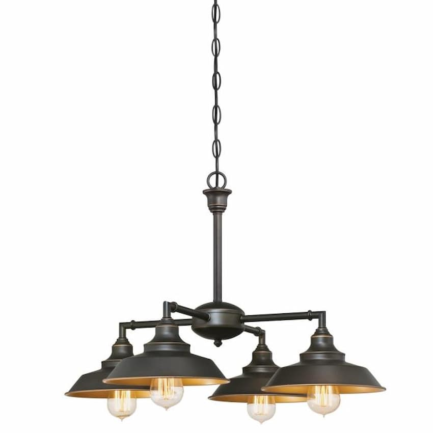 Westinghouse 6345000 Iron Hill chandelier featuring metallic bronze shade interiors and rustic farmhouse-inspired styling