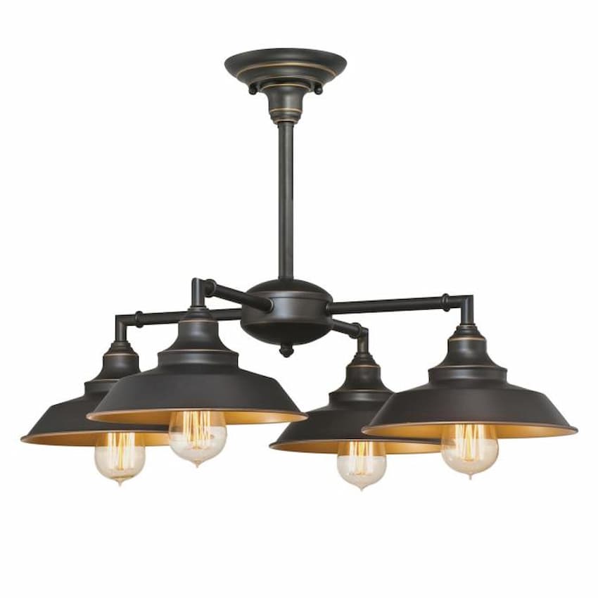 Westinghouse Iron Hill 6345000 4-light chandelier with Oil Rubbed Bronze finish and broad industrial metal shades