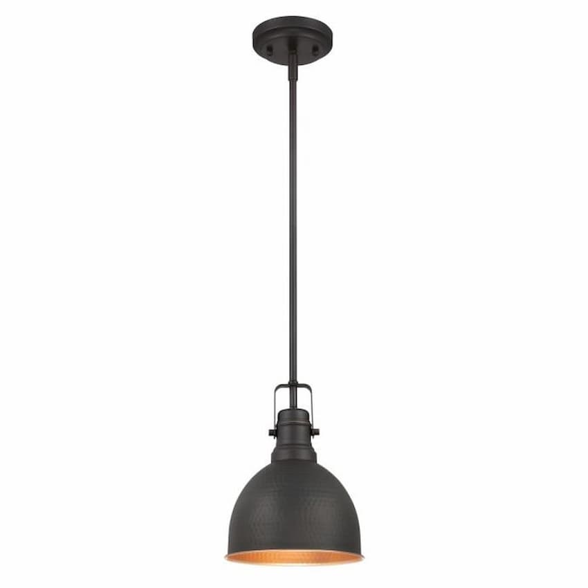 Westinghouse Lighting Madras 6345600 one-light mini pendant with hammered oil rubbed bronze finish and rustic industrial dome design