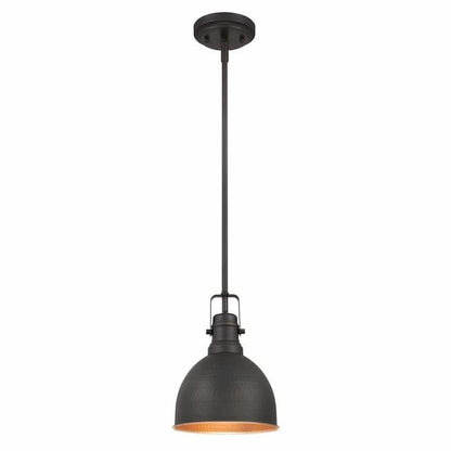 Westinghouse Lighting Madras 6345600 one-light mini pendant with hammered oil rubbed bronze finish and rustic industrial dome design