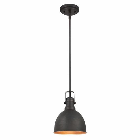 Westinghouse Lighting Madras 6345600 one-light mini pendant with hammered oil rubbed bronze finish and rustic industrial dome design