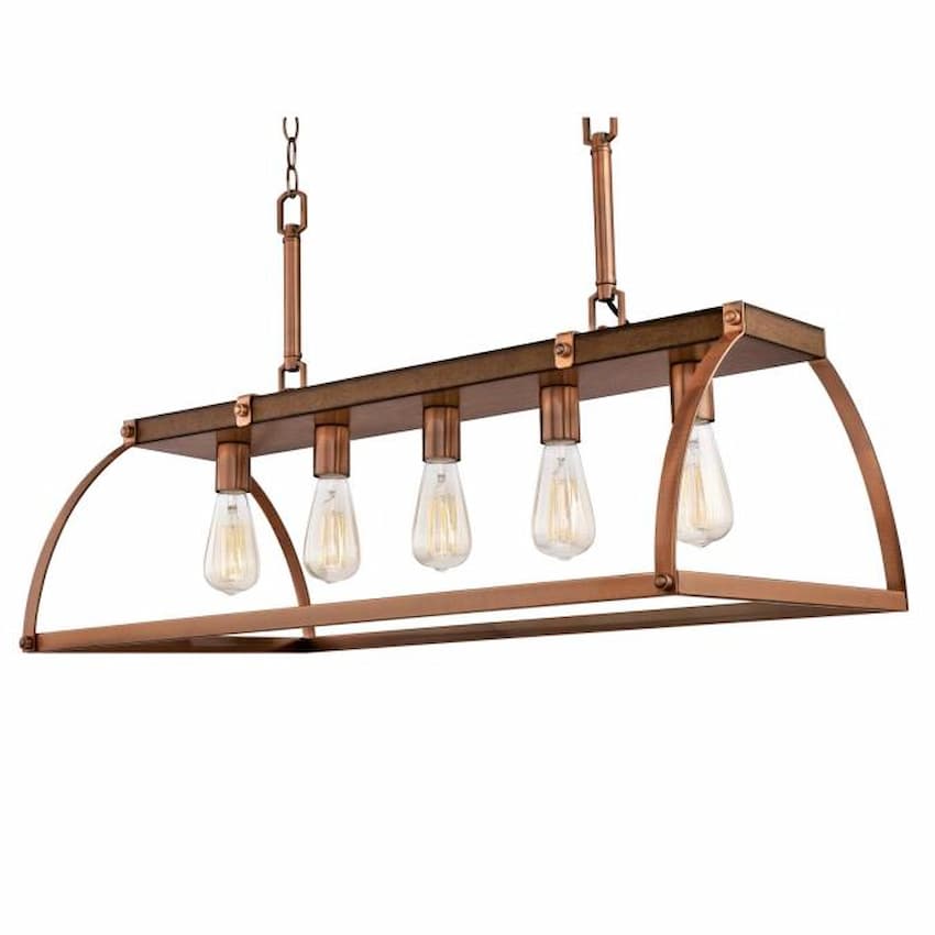 Westinghouse 6351600 Oak Lane chandelier featuring a linear barnwood beam surrounded by an open Washed Copper metal cage
