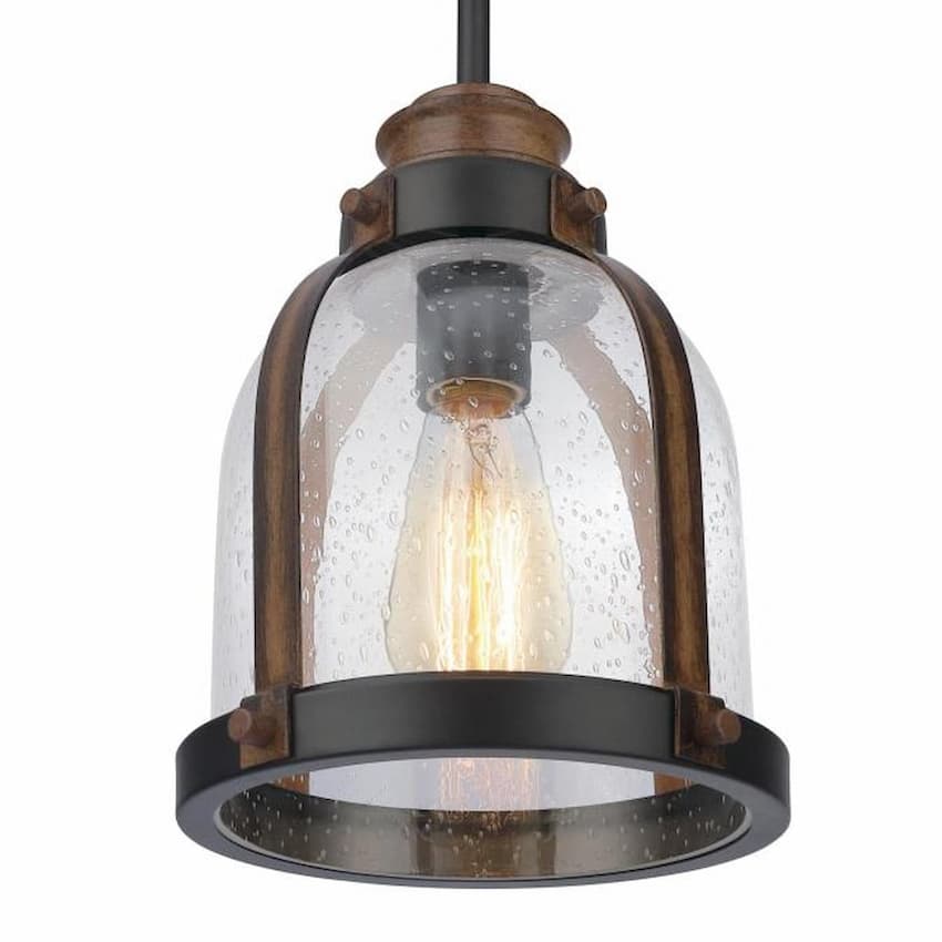 Westinghouse Cindy 6356300 indoor mini pendant featuring clear seeded glass, oil rubbed bronze metalwork and rustic barnwood detailing