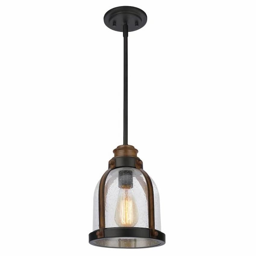 Westinghouse Lighting Cindy 6356300 one-light mini pendant with oil rubbed bronze finish, barnwood accents and clear seeded glass shade