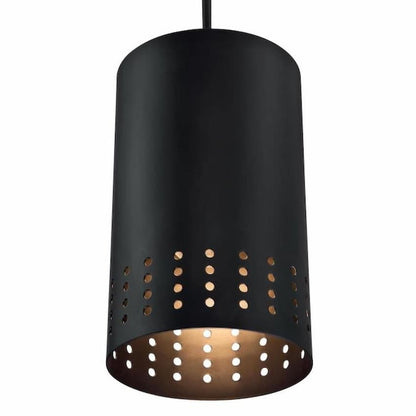 Westinghouse Phelps 6356600 indoor mini pendant featuring a matte black metal shade with modern perforated pattern and round canopy