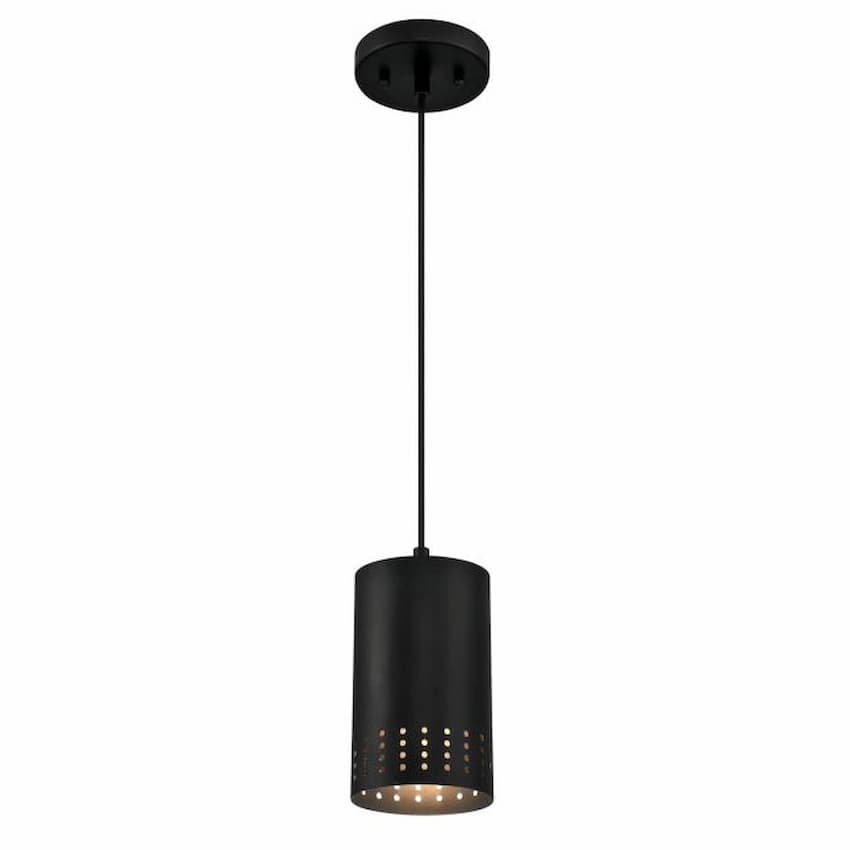 Westinghouse Lighting Phelps 6356600 one-light mini pendant with matte black finish and decorative perforated metal cylinder shade