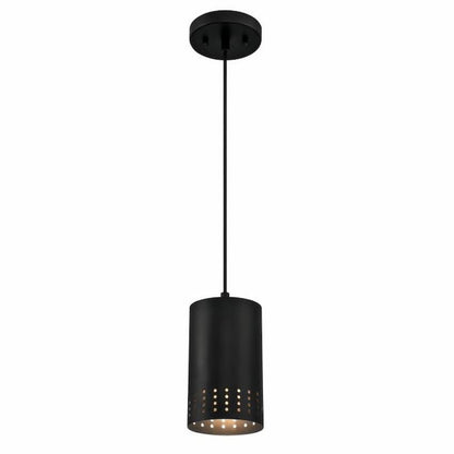 Westinghouse Lighting Phelps 6356600 one-light mini pendant with matte black finish and decorative perforated metal cylinder shade