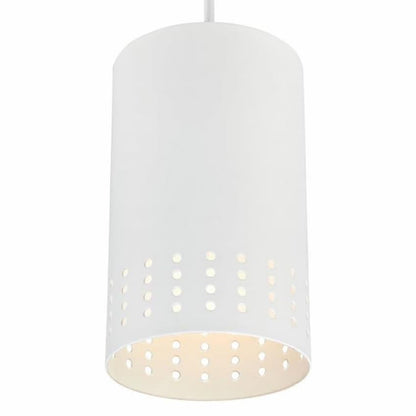 Westinghouse Phelps 6356700 indoor mini pendant featuring a matte white cylindrical metal shade with modern perforated pattern