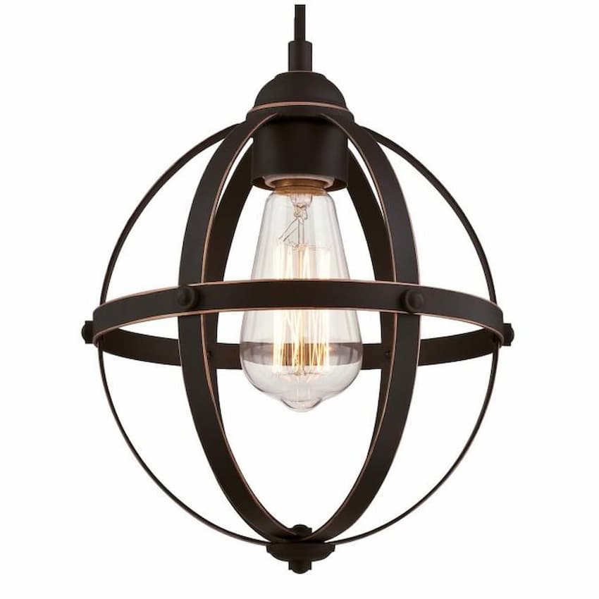 Westinghouse Stella Mira 6361900 indoor mini pendant featuring oil rubbed bronze with highlights, spherical metal cage and exposed bulb design