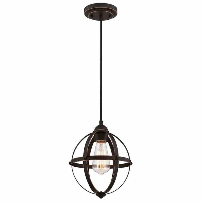 Westinghouse Lighting Stella Mira 6361900 one-light mini pendant with oil rubbed bronze finish and vintage industrial open-cage design