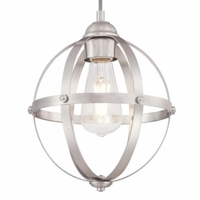 Westinghouse Stella Mira 6362000 indoor mini pendant featuring a brushed nickel finish, geometric metal frame and exposed bulb design