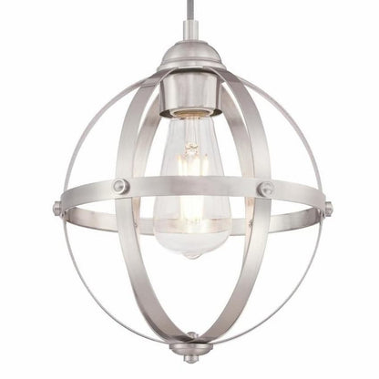 Westinghouse Stella Mira 6362000 indoor mini pendant featuring a brushed nickel finish, geometric metal frame and exposed bulb design