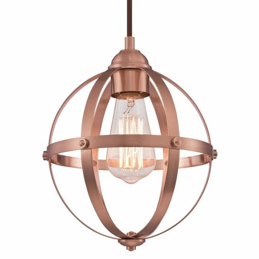 Westinghouse Stella Mira 6362100 indoor mini pendant featuring a washed copper finish, spherical metal cage and exposed bulb design