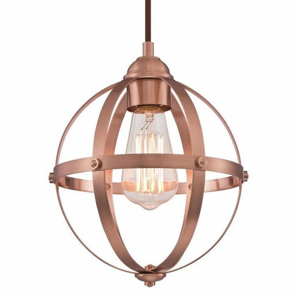 Westinghouse Stella Mira 6362100 indoor mini pendant featuring a washed copper finish, spherical metal cage and exposed bulb design