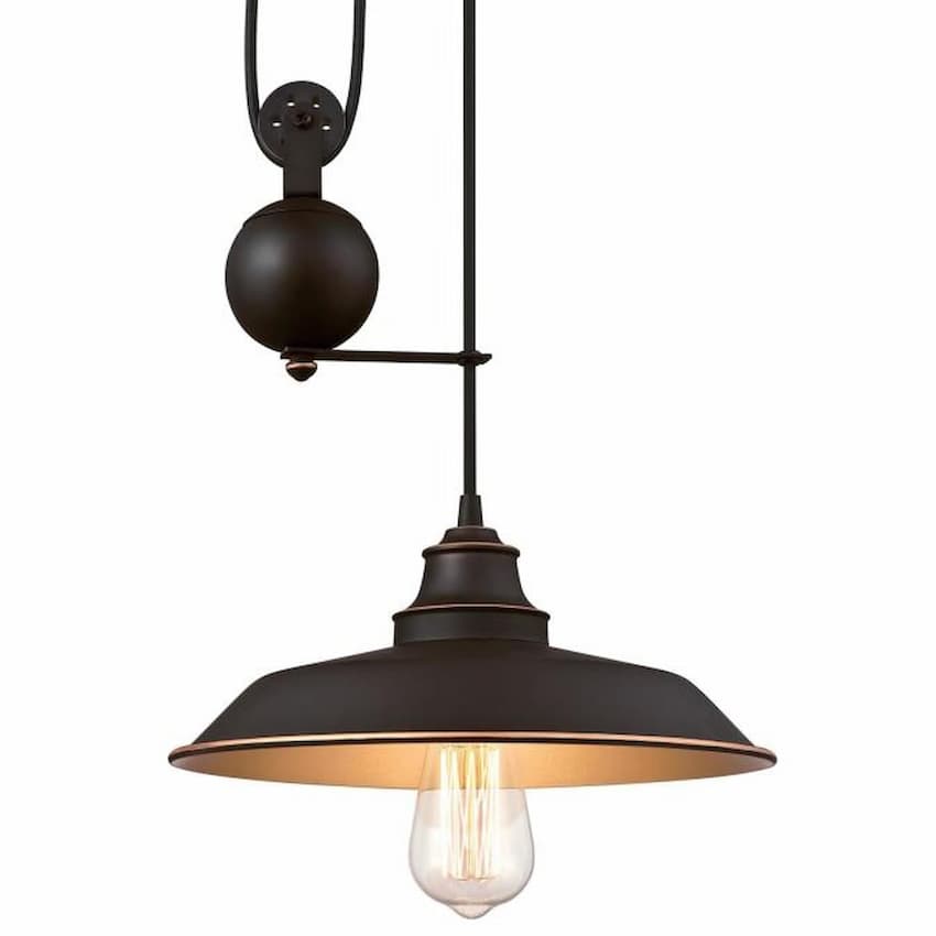Westinghouse Iron Hill 6363200 pendant light featuring an oil rubbed bronze finish, braided cord and adjustable pulley system